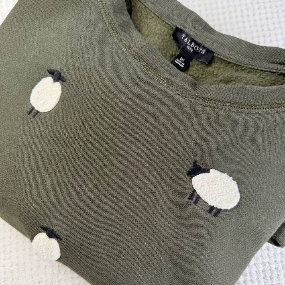 Talbots Plus Women Olive Green Sheep Embroidered Fleece Sweatshirt 1X